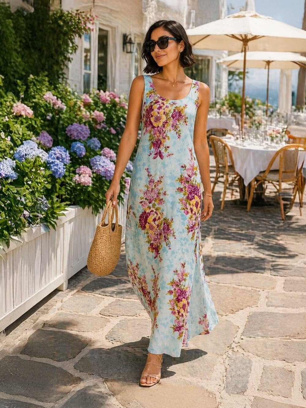Watercolor Floral Maxi Dress M Blue Pink Resort Coastal Chic Boho